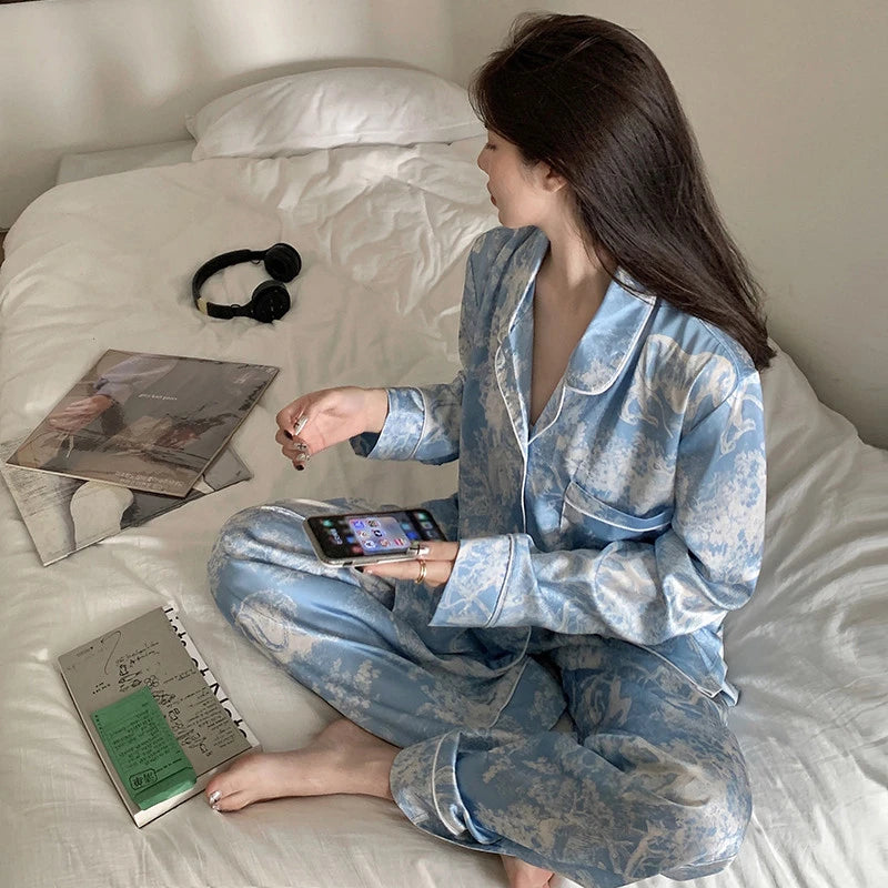 2026 Autumn New Ice Silk Women Pajama Lapel Button Cardigan Outfits for Women 2 Piece Set Fashion Printing Set Clothes for Women