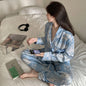 2026 Autumn New Ice Silk Women Pajama Lapel Button Cardigan Outfits for Women 2 Piece Set Fashion Printing Set Clothes for Women