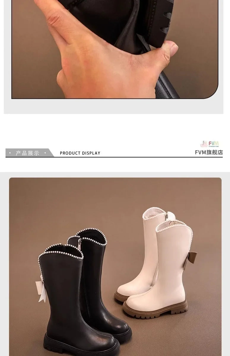 Long Boots for Girls and Children 2026 New Winter Long Leather Boots Princess Foreign Girls Plus Cashmere Shoes