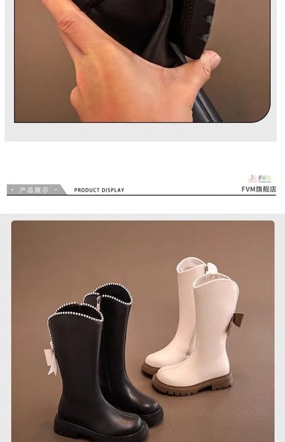 Long Boots for Girls and Children 2026 New Winter Long Leather Boots Princess Foreign Girls Plus Cashmere Shoes