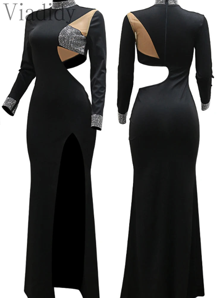 Women Sexy Rhinestone Floor Length High Slit Mermaid Party Dress