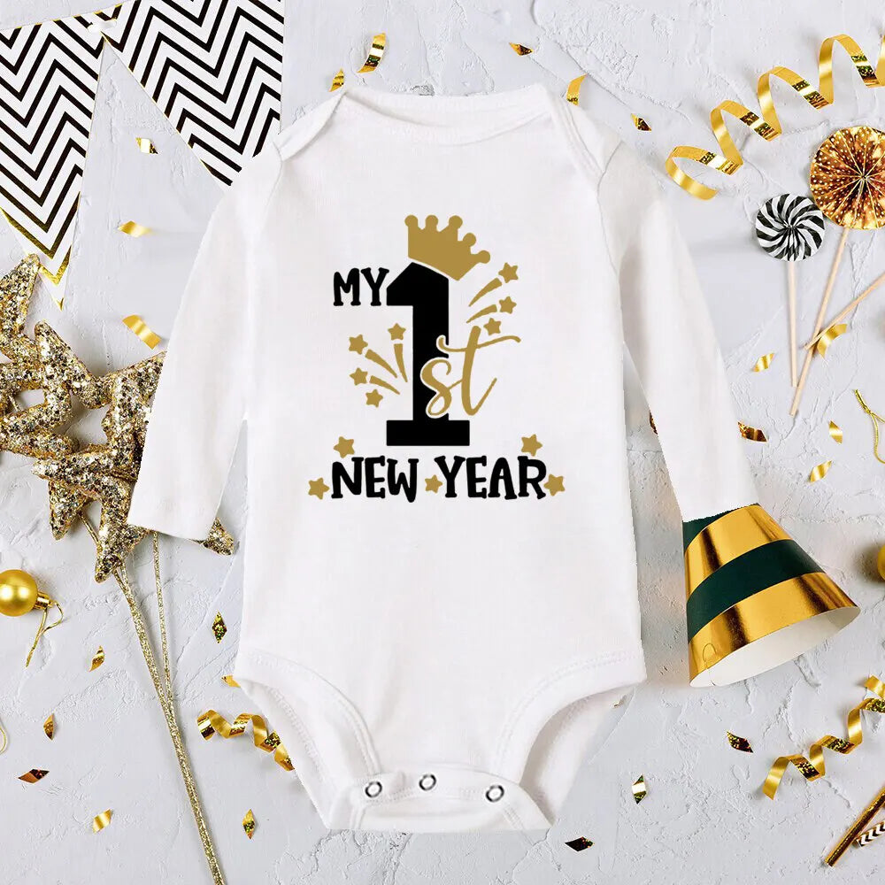 My First New Year Print Baby Romper Infant Long Sleeve Bodysuit Toddler Holiday Jumpsuit Boys Girls Clothes Newborn Shower Gifts