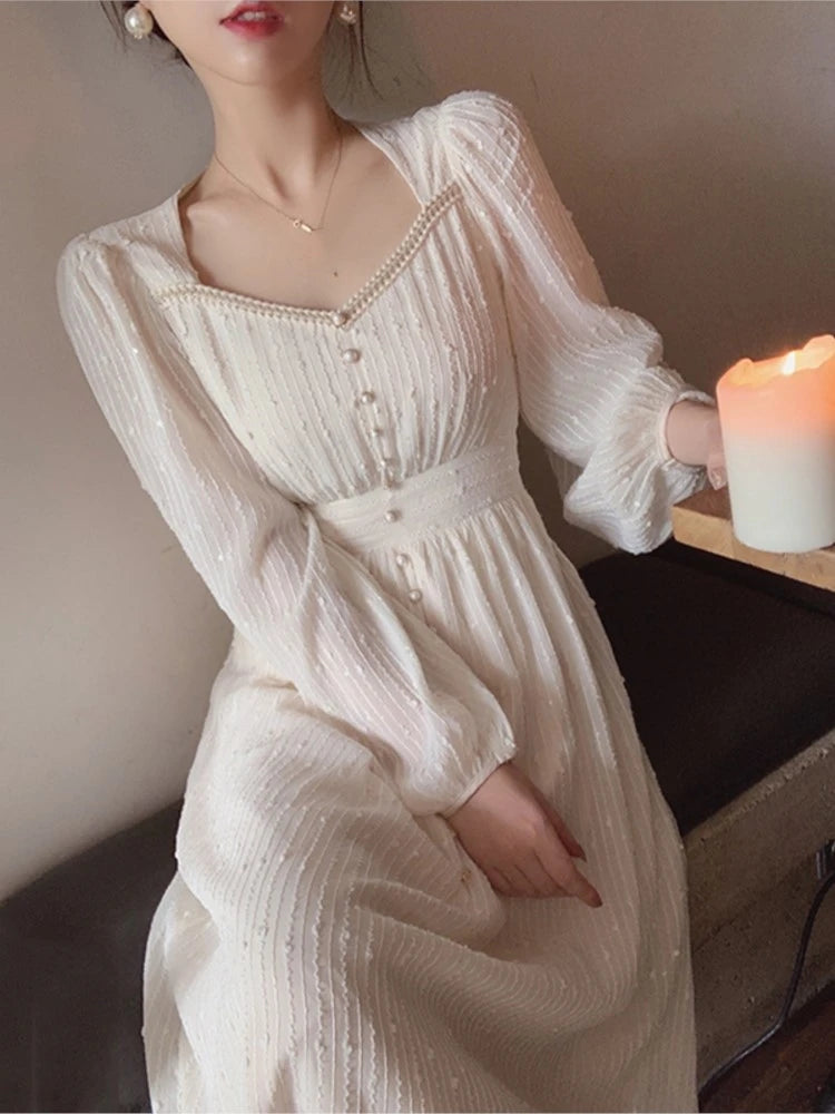 2026 Summer New Women Fashion Elegant White Midi Dresses Vintage Princess Female Party A Line Clothes Prom Robe Vestdios