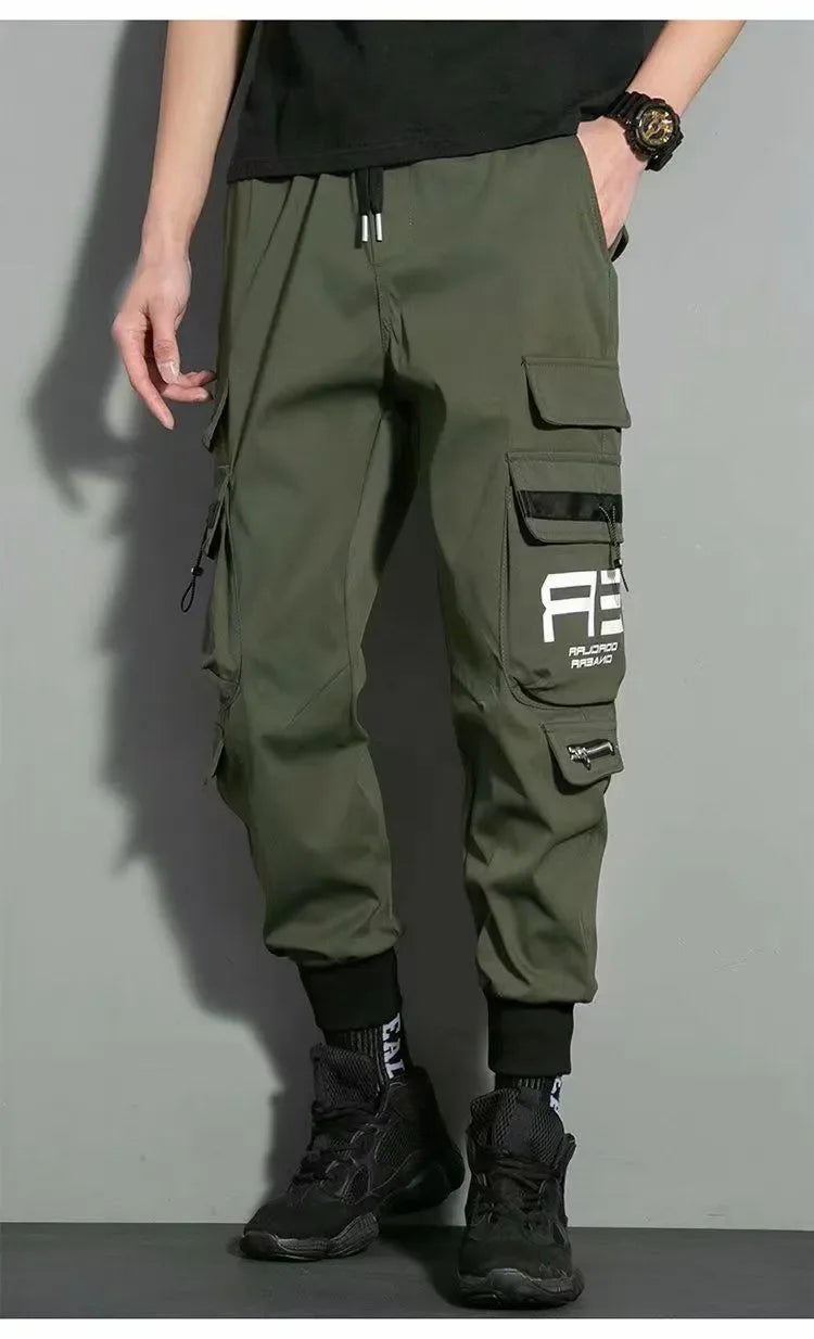 Thin Streetwear Casual Pants Men Ribbons Harem Jogging Pants Male Slim Fit Spring Cargo Pants Multi-Pockets Women Trouser J9