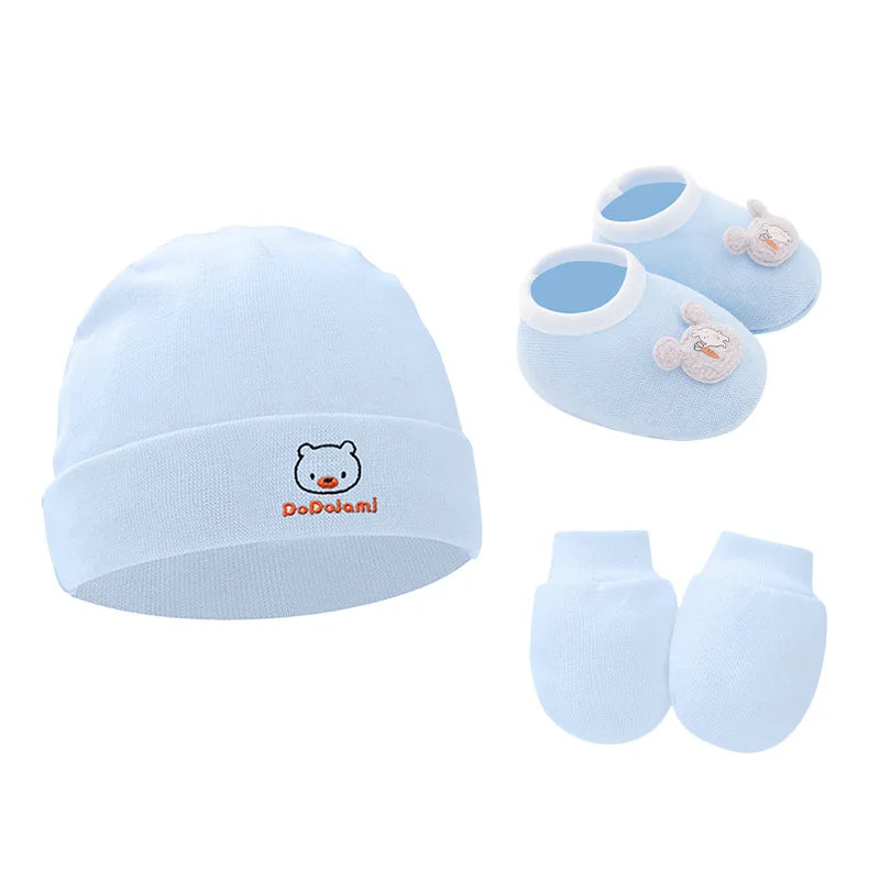 New Newborn Baby Cotton Beanies Hospital Hat Mittens Shoes Sets Solid Stretchy Infant Warm Cap Gloves 0-1 Years Old