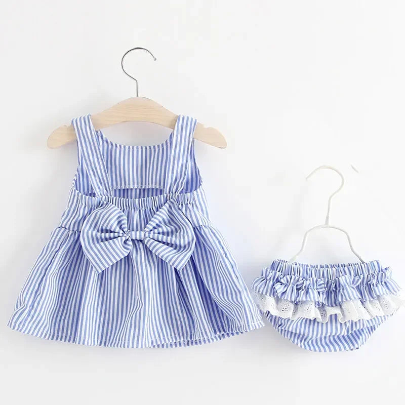 2025 Girls Cute Summer Sleeveless Dress Girl 2Pieces Sets Short Pants + Dress Set Stripe Patten for Baby 6-24M