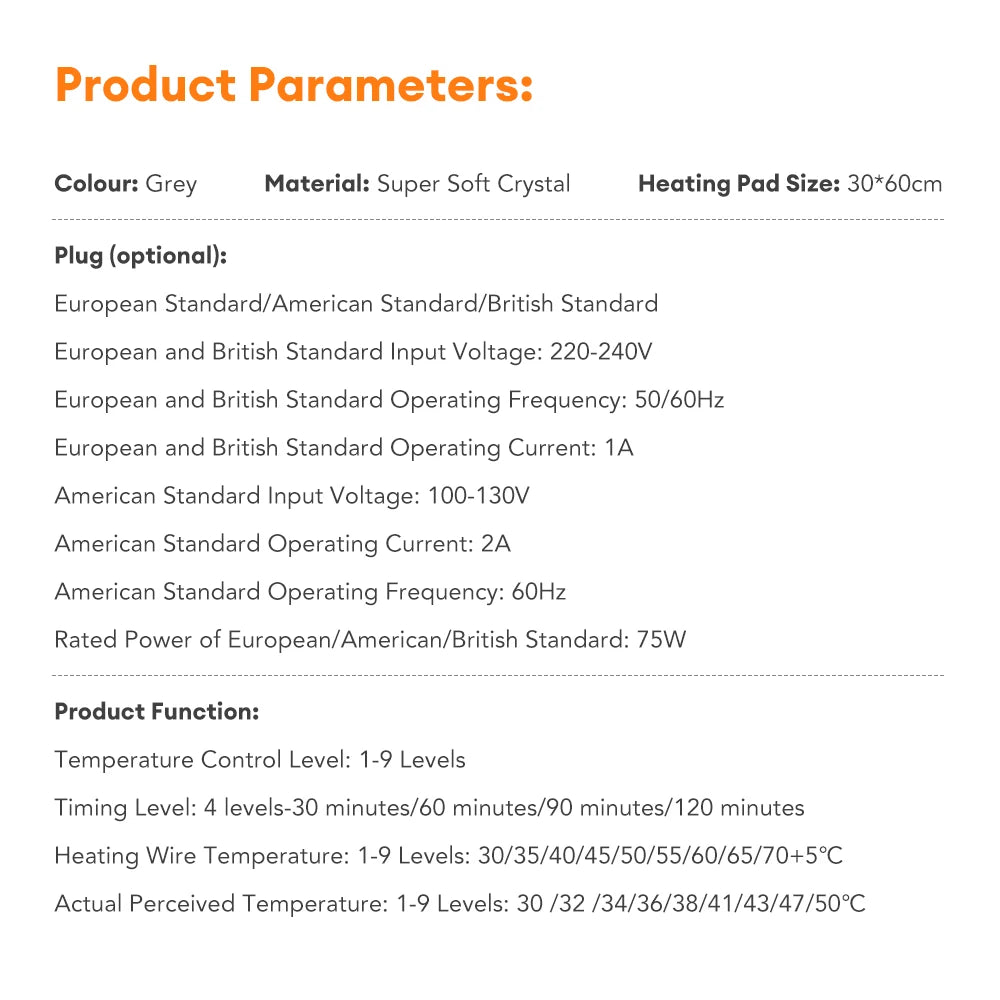 Electric Heating Blanket for Home Use - 9 Levels Thermal Heated Mat Home Soft Safe Winter Body Back Leg Warmer Pads 60*30cm