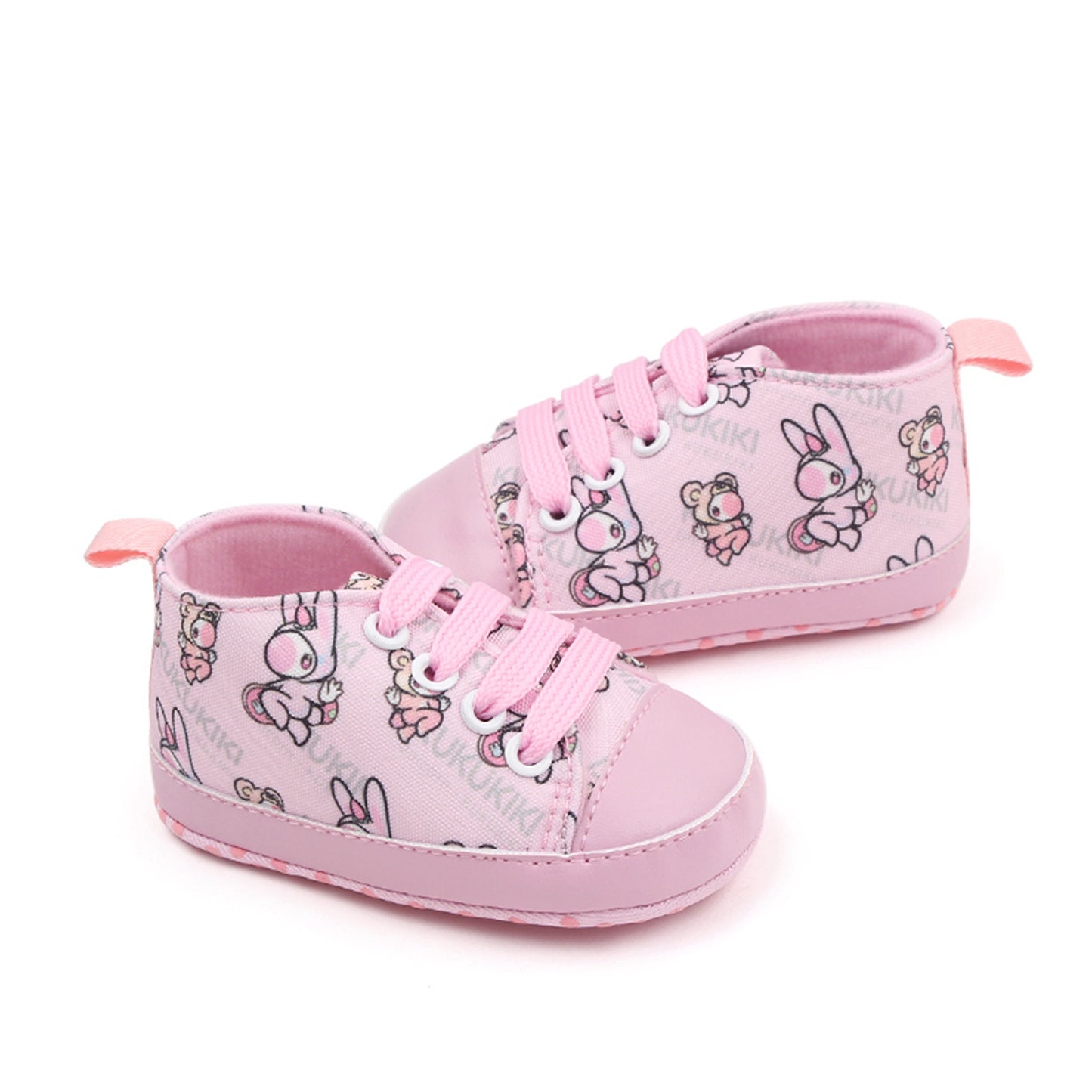 BeQeuewll Baby Boys Girls Crib Shoes Cartoon Print Tie-Up Sneakers Non-Slip Infant First Walkers For 0-18 Months