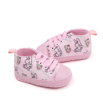 BeQeuewll Baby Boys Girls Crib Shoes Cartoon Print Tie-Up Sneakers Non-Slip Infant First Walkers For 0-18 Months