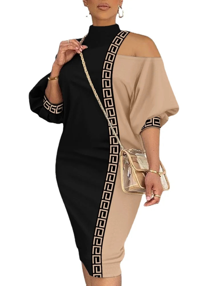 Women Bare Shoulder Lantern Dress Femme Print Patchwork O-Neck Casual Party Festival Lady Pencil Dress