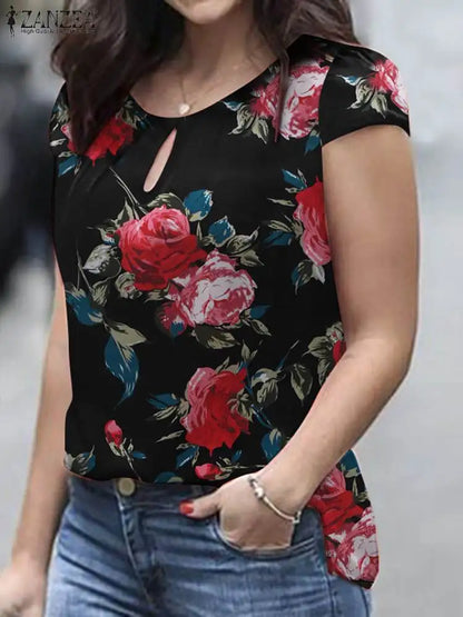 ZANZEA Summer Bohemian Short Sleeve Floral Printed Blouse Women Vintage Holiday Party Shirt Casual Beach Tops Tunic Bulses 2025