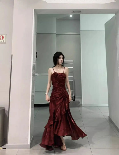Korean Vintage Velvet Long Dress Women Luxury Slim Mermaid Spaghetti Strap Floral Dress Elegant Sexy Casual Evening Party Dress