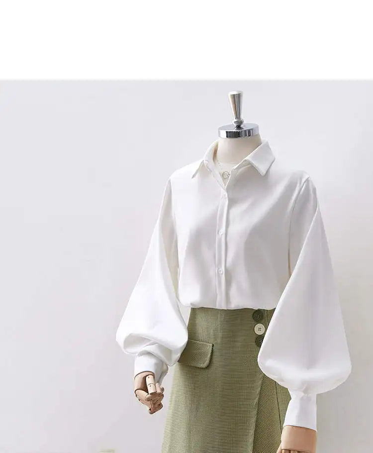 Lantern Sleeves Vintage Shirts Women Elegant White Women's Blouse with Lush Sleeves 2026 Fashion Button Up Shirt Black dropship