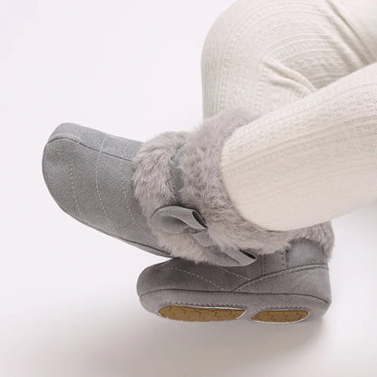 Baby Girl Boots Cute Bowknot Crib Shoes Infant Winter Warm Plush Boots First Walker Shoes with Non-Skid Soles