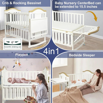 Portable Mini Baby Crib, 4-in-1 Modern Design with Foldable Storage Shelf & Mattress Included, Small Wood Convertible Crib,