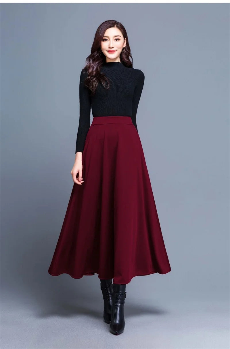 Spring Autumn Large Size A-Line Skirts Women Elastic High Waist Wine Red Black Long Skirt Female Casual Solid Color Maxi Skirts