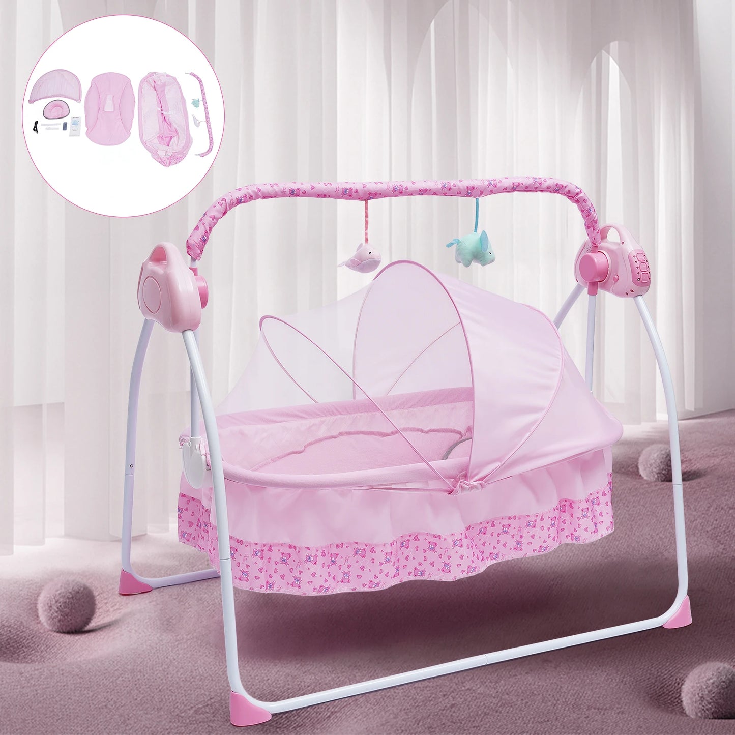 5 Gears Electric Auto-Swing Baby Crib Cradle Sleep Bed Infant Rocker + Net Music Bluetooth Music Adjustable+ Mat