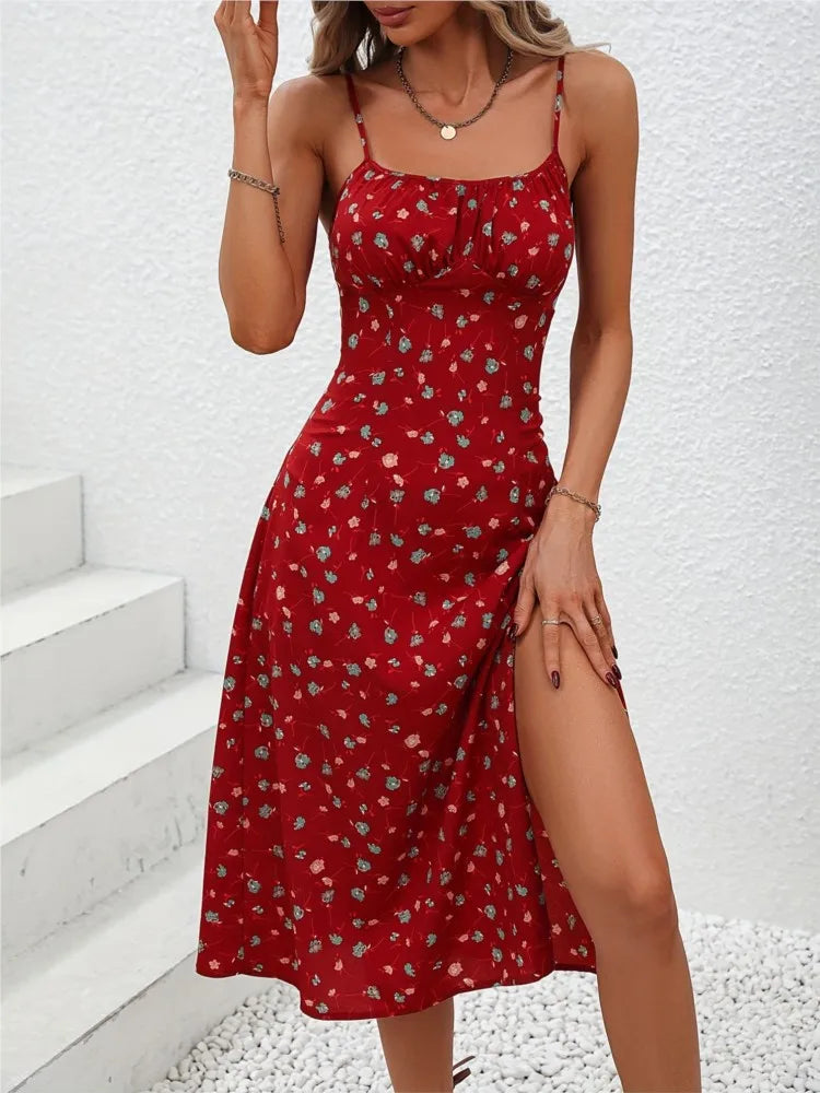 2026 Summer Sexy Spaghetti Straps Dress Women Fashion Polka Dot Print Sleeveless Slit Dress Boho Casual Beach Midi Dresses