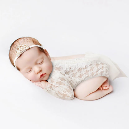 2 Pcs 0-1 Month Newborn Photography Props Baby Headband Lace Romper Bodysuits Outfit Girl Costume Photo Clothing