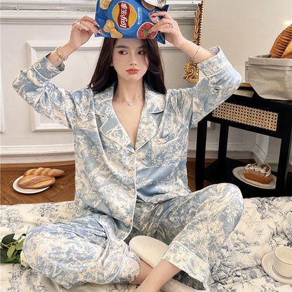 2026 Autumn New Ice Silk Women Pajama Lapel Button Cardigan Outfits for Women 2 Piece Set Fashion Printing Set Clothes for Women
