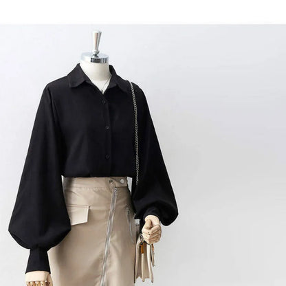 Lantern Sleeves Vintage Shirts Women Elegant White Women's Blouse with Lush Sleeves 2025 Fashion Button Up Shirt Black dropship