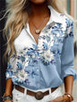 Fashion Women's Shirts Casual Blouses Blue Flowers Print Shirt 2026 New Autumn Large Size Female Clothing Temperament Blouse Top