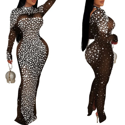 Women Sexy See Through Sheer Mesh Rhinestone Décor Long Sleeve Maxi Party Dress