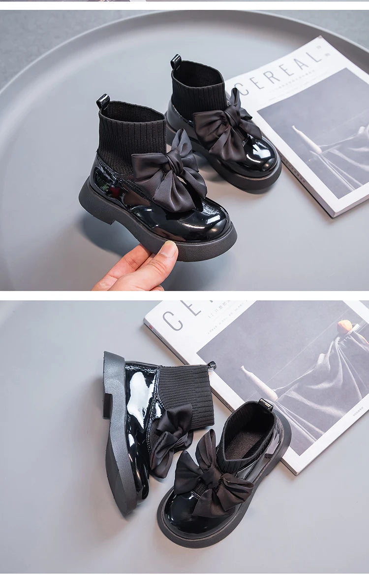 Children's Boots Fashion PU Solid Black Bow Girls Uniform 2025 Spring and Autumn New Kids Fashion Flying Knit School Socks Shoes