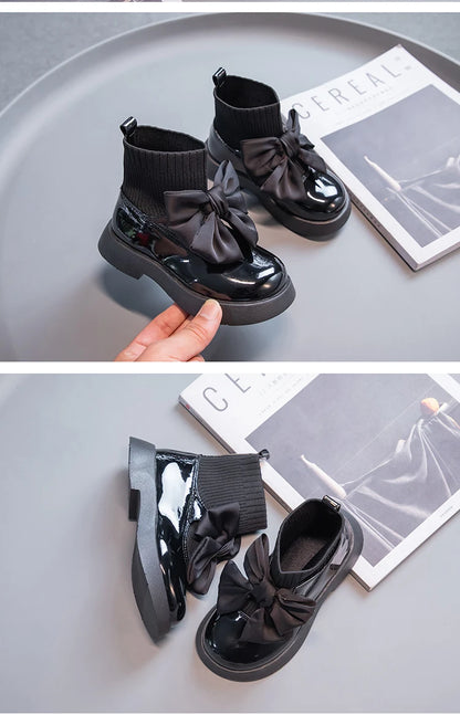 Children's Boots Fashion PU Solid Black Bow Girls Uniform 2025 Spring and Autumn New Kids Fashion Flying Knit School Socks Shoes
