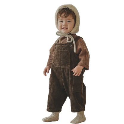 2025 New Korean Toddler Baby Boys Corduroy Overalls Casual Look Front Pocket One Piece Baby Pants Girls Trousers