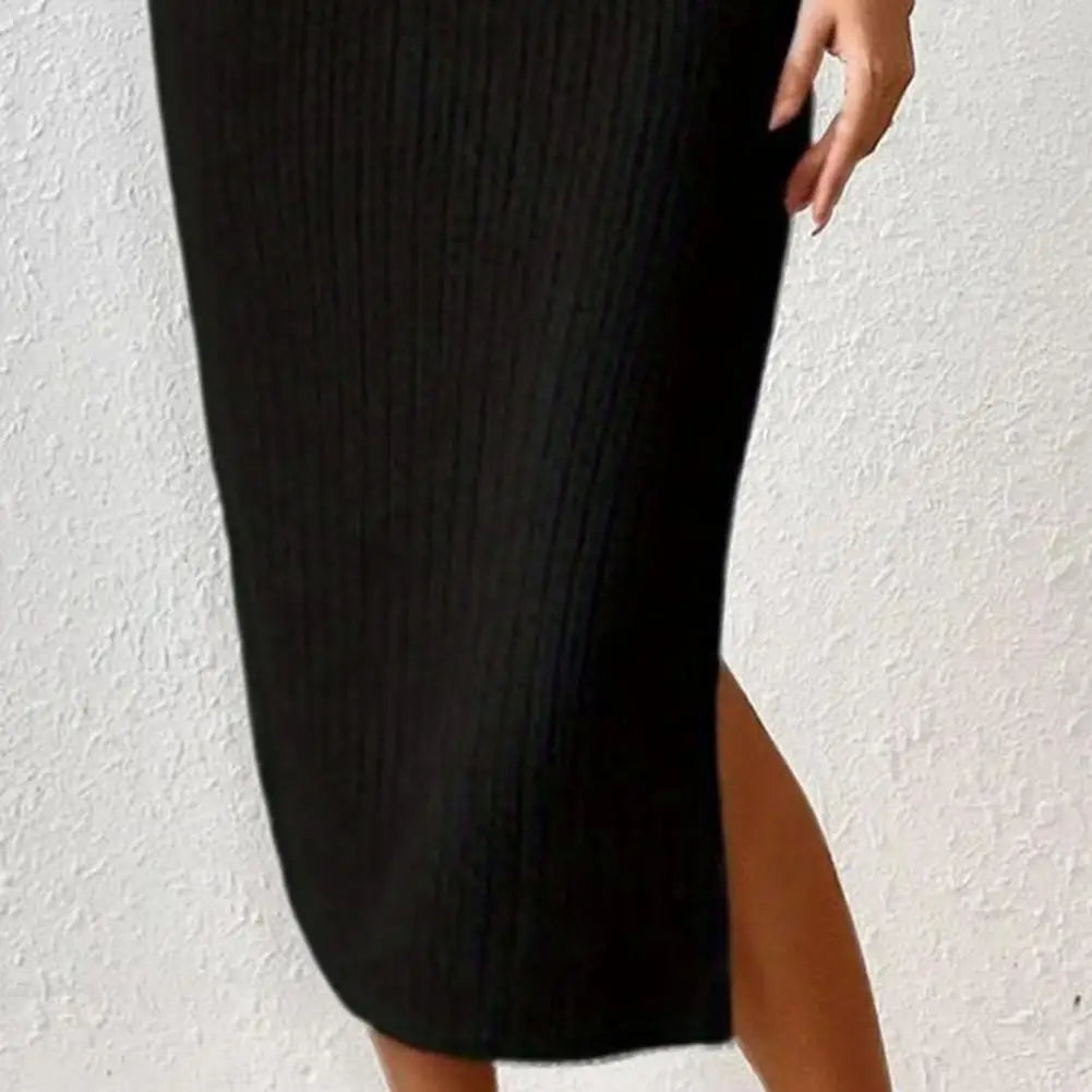 Solid Color Square Neckline Dress Elegant Square Neck Knitted Midi Dress for Women Solid Color Party Commute Dress with Short
