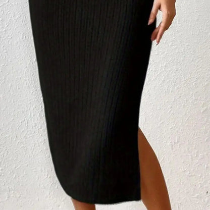 Solid Color Square Neckline Dress Elegant Square Neck Knitted Midi Dress for Women Solid Color Party Commute Dress with Short