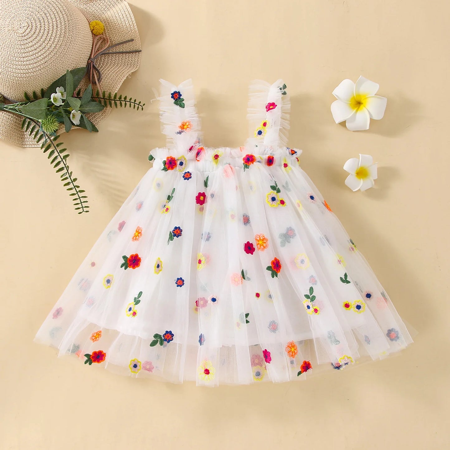 2025 New Baby Girl Clothes Multi Coloured Embroidered Floral Mesh Camisole Cute Baby Girl Dress Party Princess Fluffy Dresses