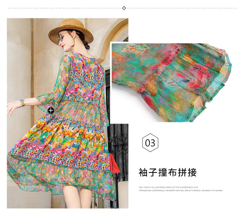 High Quality Summer 2025 Beach Boho Vintage Print Chiffon V Neck Dress Elegant Party Robe Designer Vespids Loose Midi Dress
