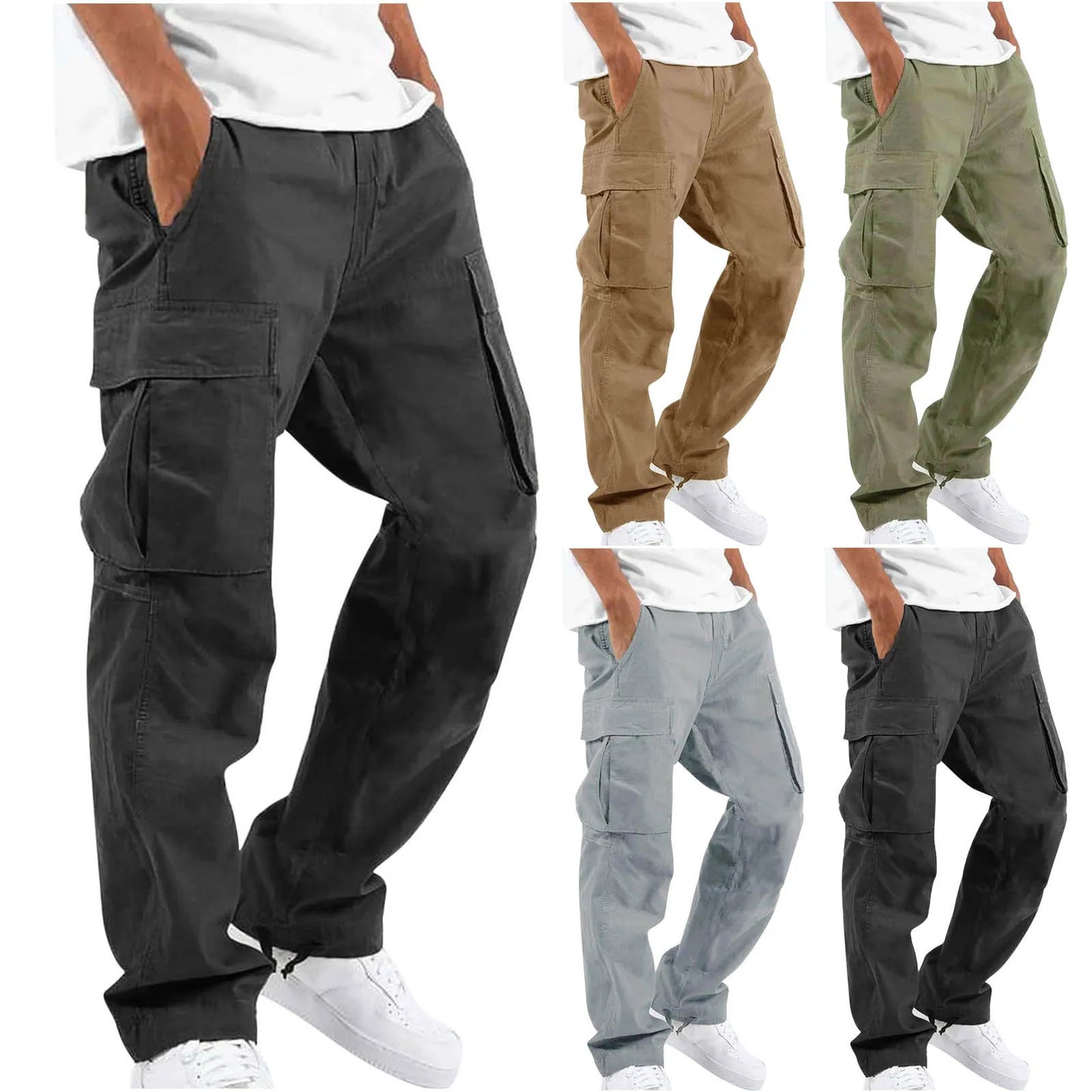 2026 new Men Spring Casual Trousers Solid Color Multi-Pocket Loose Straight Sports Fitness Pants Outdoor Cargo Pants Men