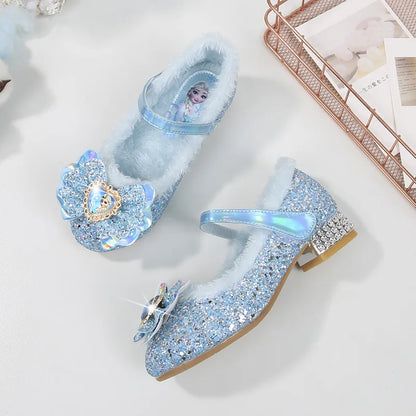 Disney Princess Kids Warm Winter Shoes for Girls Elsa Casual Glitter Children Flat Heel Girls Shoes Butterfly Knot Blue Pink