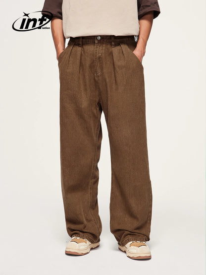 INFLATION Brown Retro Washed Denim Pants Unisex Classic Straight Leg Jeans Male Trouser Plus Size