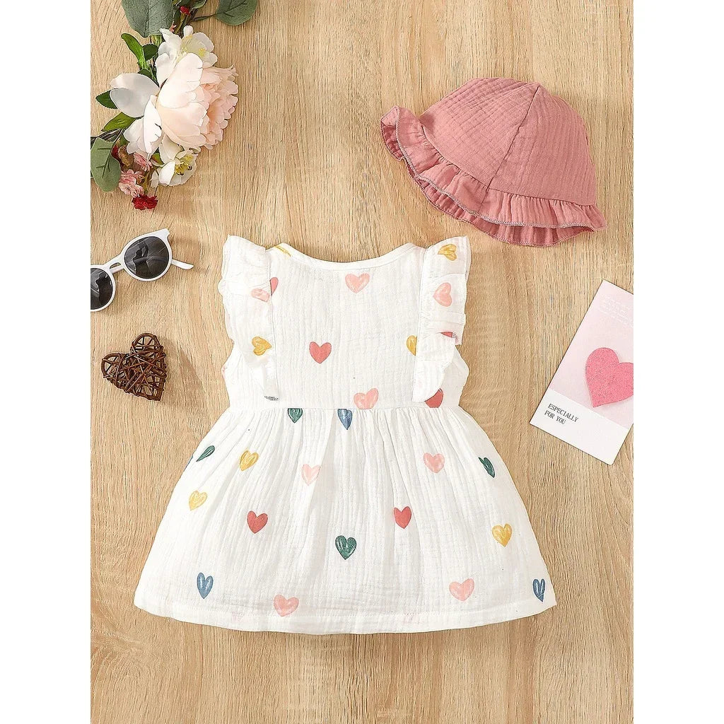 Newborn Baby Girl Sweet Cotton Dress Sleeveless Love Pattern Dress + Hat 2PCS Summer Beach Clothing for Infant Girl 0-9 Months