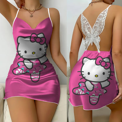 Mini Dress Pajama Skirt Hello Kitty Sexy Dresses Off Shoulder Bow Knot Satin Surface Women's Fashion Summer 2026 Short Party Lace