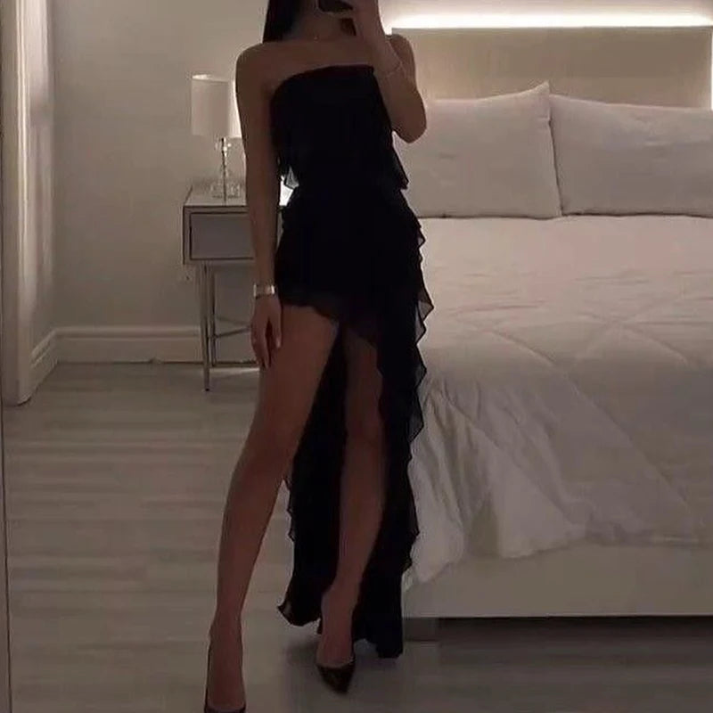 Women Strapless Sexy Floral Fold Hemline High Slit Mini Dress 2026 Solid Backless Sleeveless Black And Pink Party Dress Vestidos