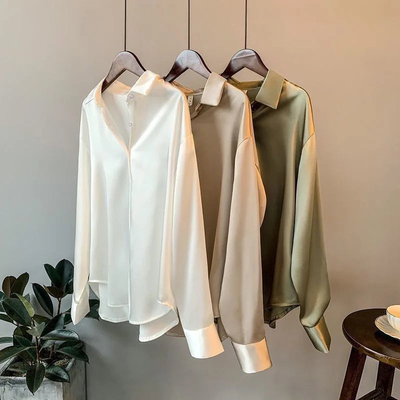 Spring Fashion Button Satin Silk Shirt Hong Kong Style Retro Shirt Women's White Top Women's Long sleeved Women's Loose Street