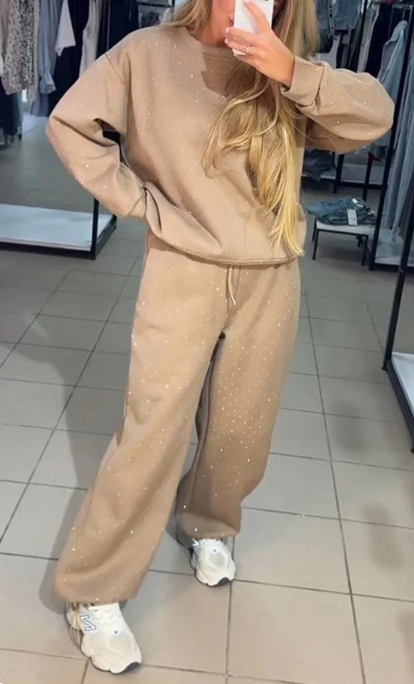 Women's Pants Suit Autumn New O-neck Hot Diamond Long-sleeved T-shirt Drawstring Sweatpants Fashionable Ladies 2-piece Sets