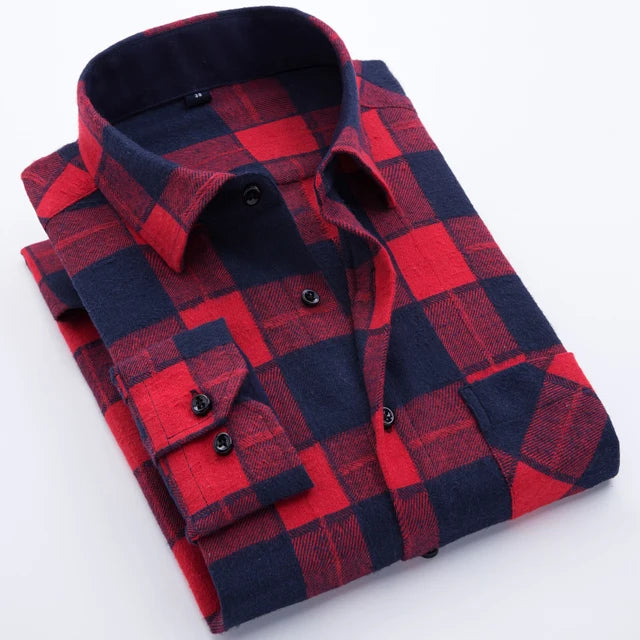 Men's Slim-fit Casual Brushed Flannel Contrast Plaid Shirt Single Patch Chest Pocket Comfortable Soft Long Sleeve Gingham Shirts