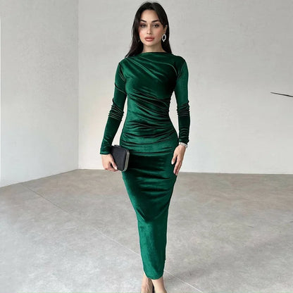 BWQ 2026 Spring Summer Velvet Long Sleeve Midi Dress For Women Ruched Long Dress Elegant Party Clothes Evening Green Outfits