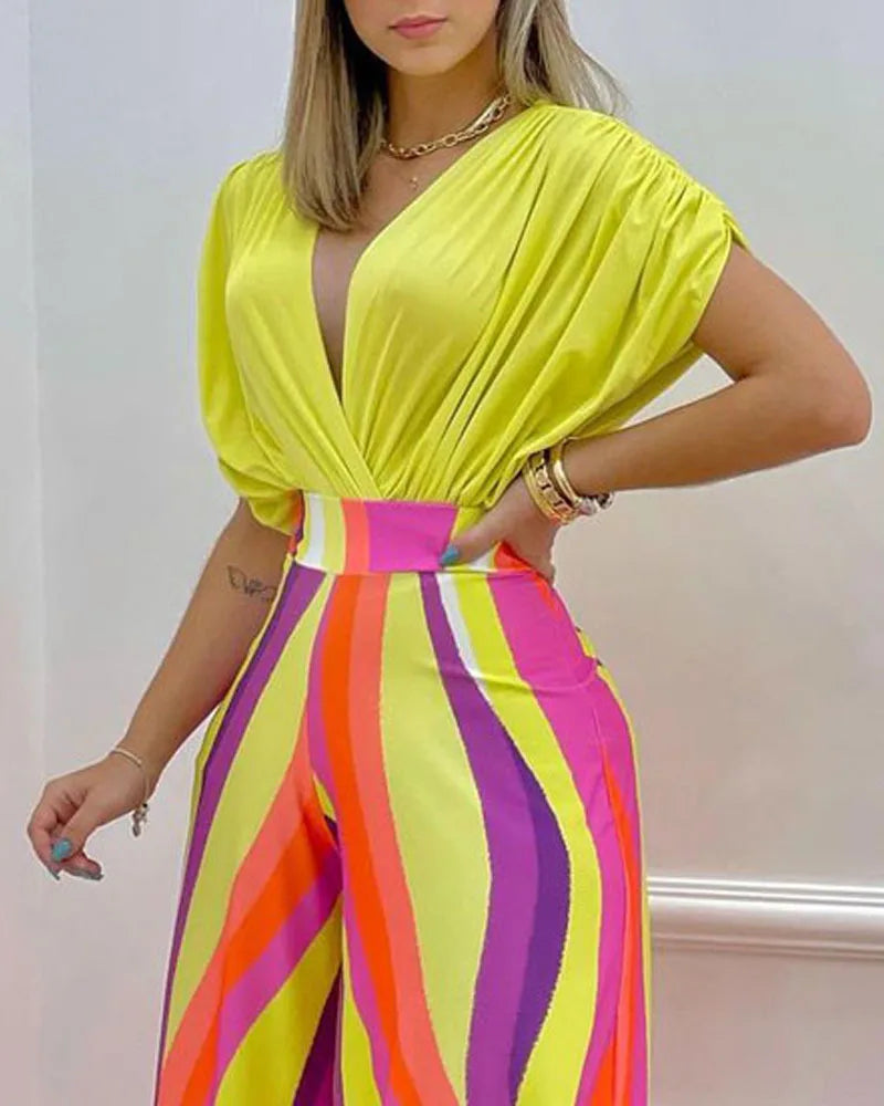 Women Print Suit Pullover Batwing Sleeve V-Neck Top Wide Leg Pants Set Two Piece Set New Loose Casual Women's Clothing Summer