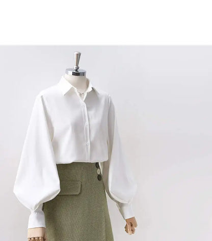 Lantern Sleeves Vintage Shirts Women Elegant White Women's Blouse with Lush Sleeves 2026 Fashion Button Up Shirt Black dropship