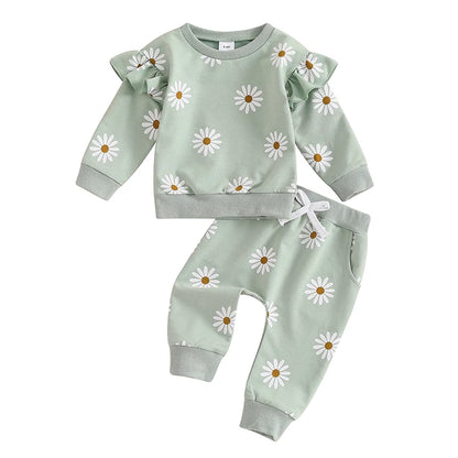 2026 Lorrainian Toddler Girl Fall Outfit Daisy Print Long Sleeve Sweatshirt with Elastic Waist Pants 2 Pcs Set