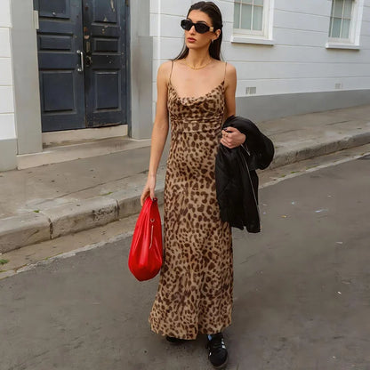 Vintage Leopard Print Chiffon Sexy Cami Dress Women V Neck Sleeveless Party Dress Fashion 2026 Summer Streetwear Dress