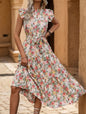 Elegant Floral Prints Dresses For Summer Women Dress 2026 New O-neck Short Flying Sleeves Lace Up High Waisted Midi Dress Woman
