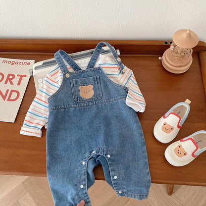 2025 Autumn Korean Baby Boys Girls Pants Cartoon Jeans Overalls Cute Bear Infant Toddler Kids Cotton Suspender Denim Jumpsuit